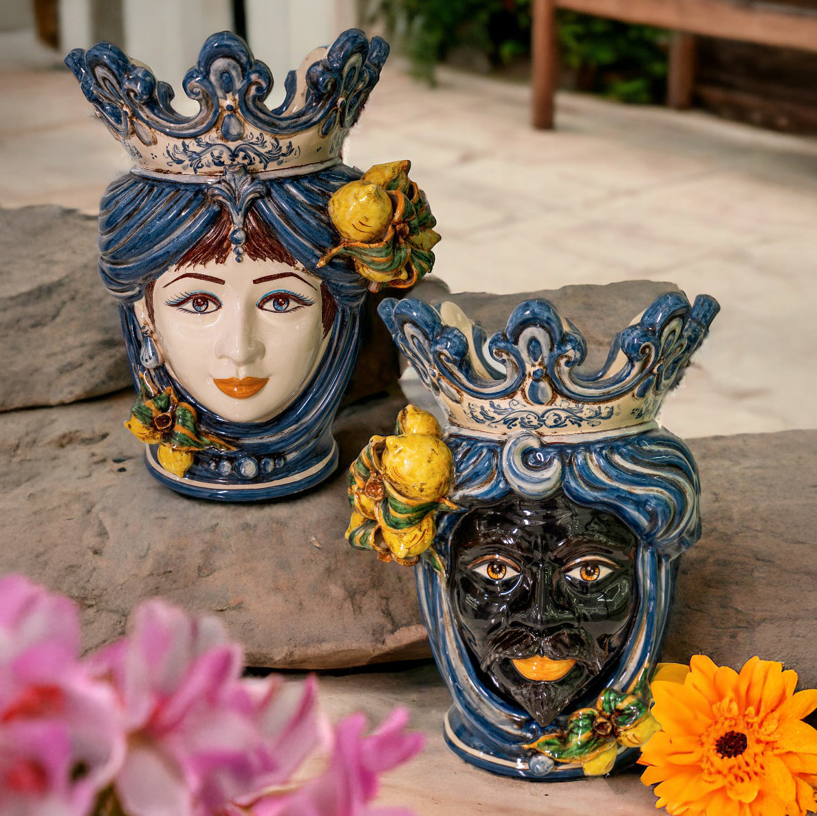 Testa h 40 con limoni mono blu femmina - Ceramiche di Caltagirone Sofia