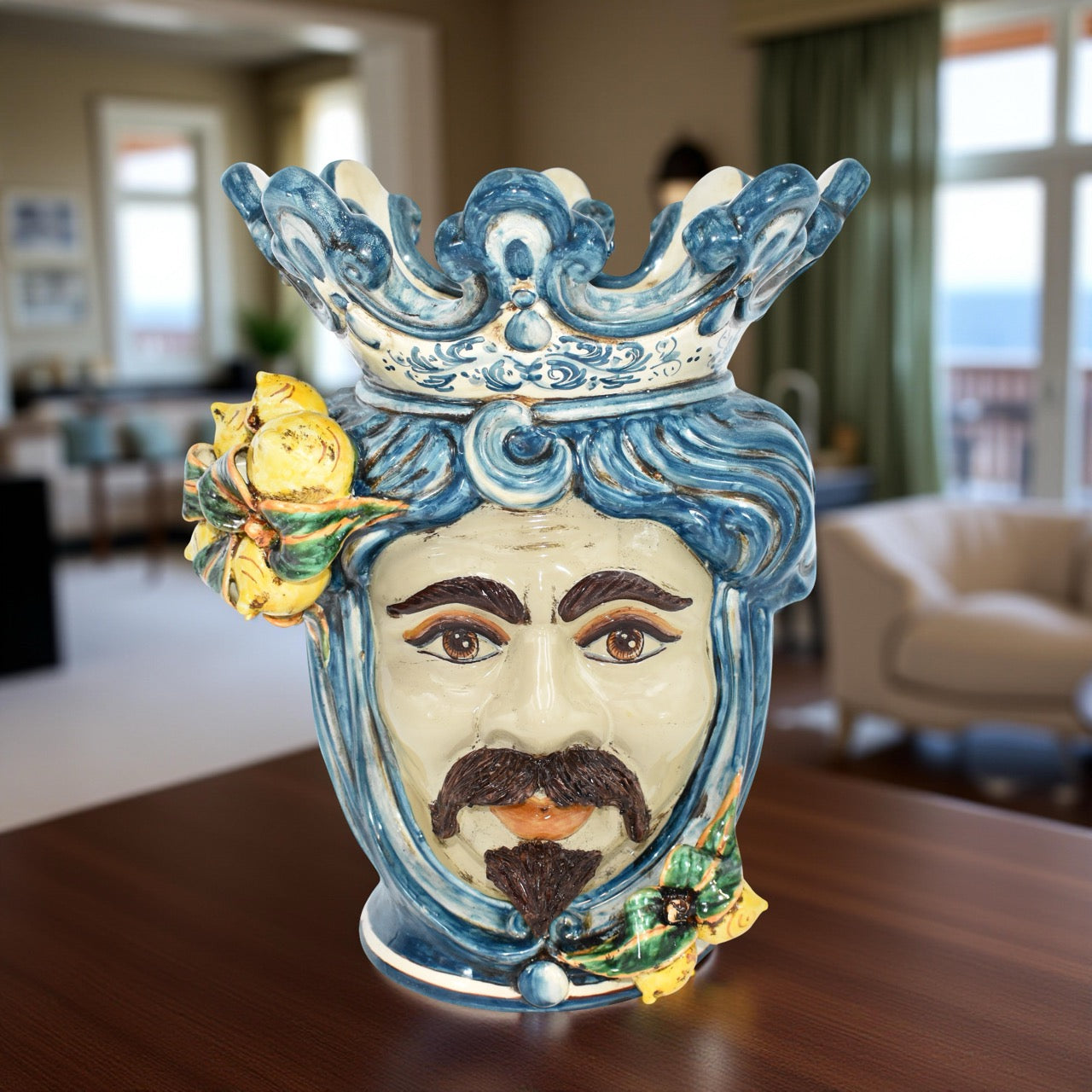 Testa h 40 con limoni mono blu maschio bianco - Ceramiche di Caltagirone Sofia