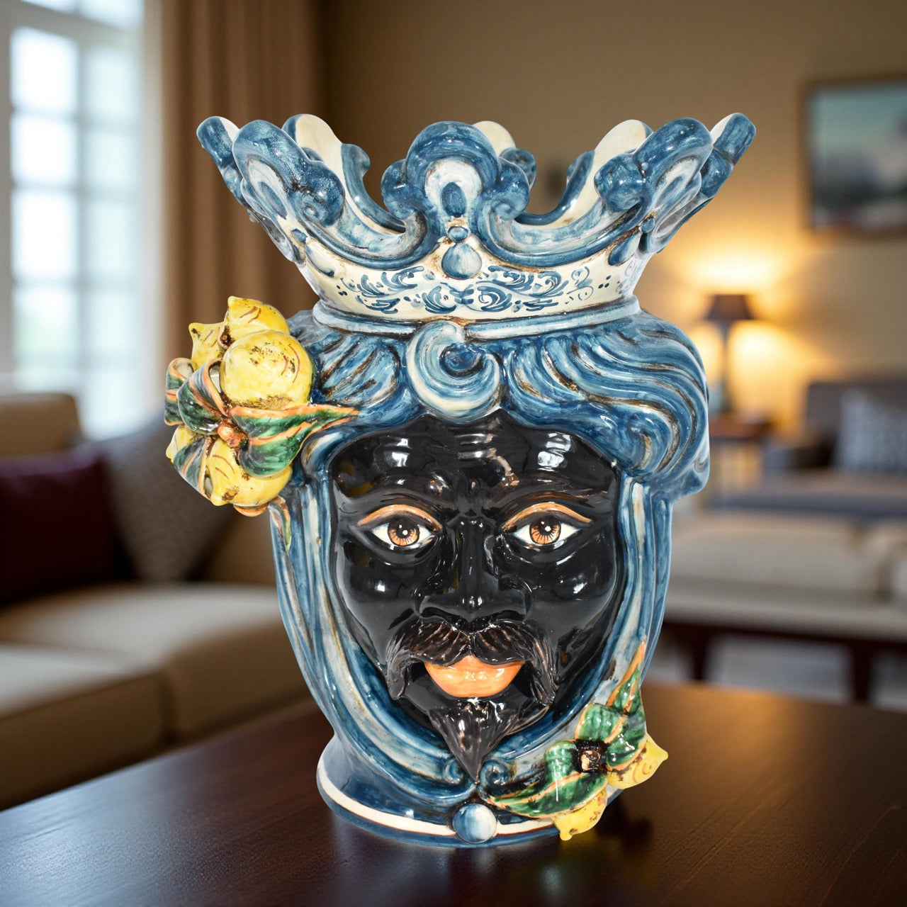 Testa h 40 con limoni mono blu maschio moro - Ceramiche di Caltagirone Sofia