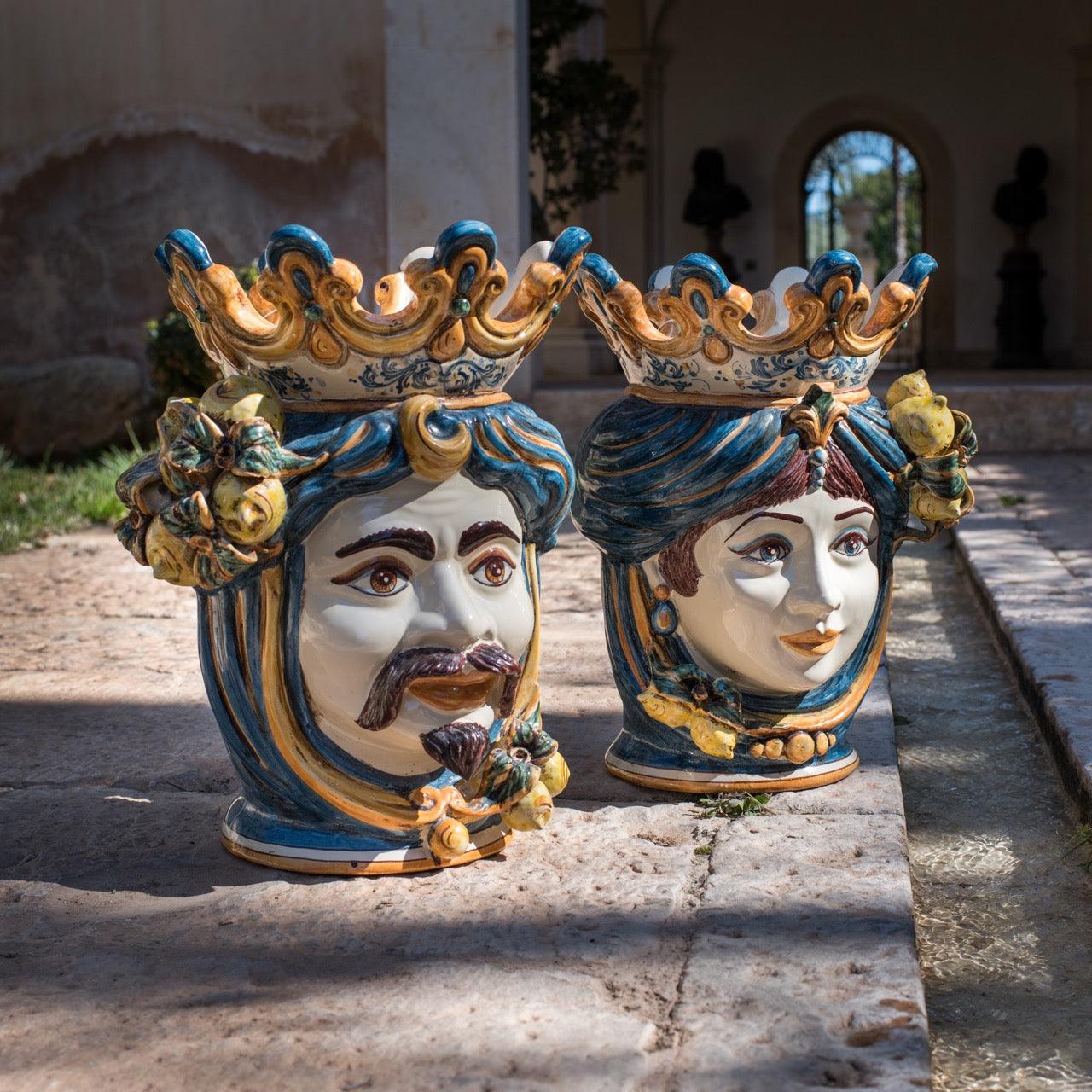 Testa h 40 limoni blu e arancio maschio bianco - Ceramiche di Caltagirone Sofia
