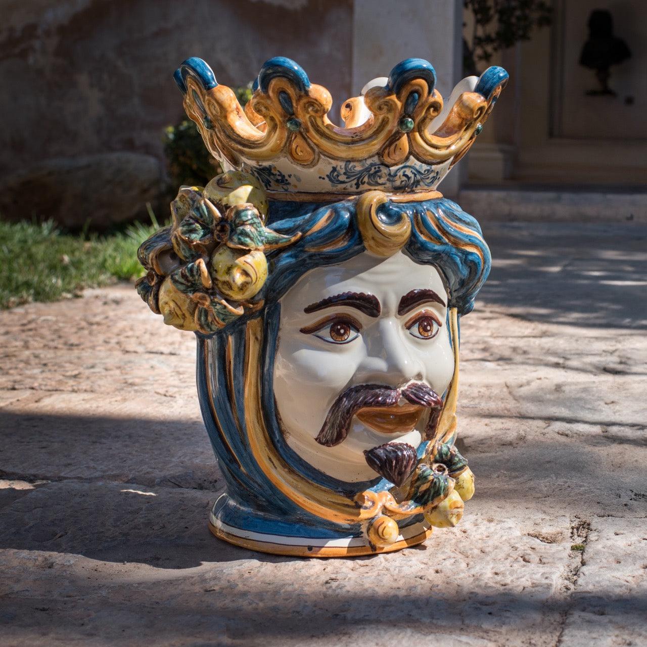 Testa h 40 limoni blu e arancio maschio bianco - Ceramiche di Caltagirone Sofia