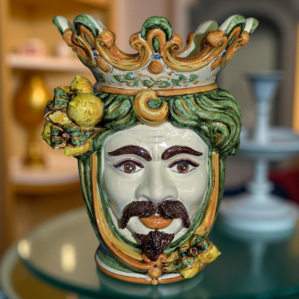 Testa h 40 limoni verde/arancio maschio bianco - Ceramiche di Caltagirone Sofia