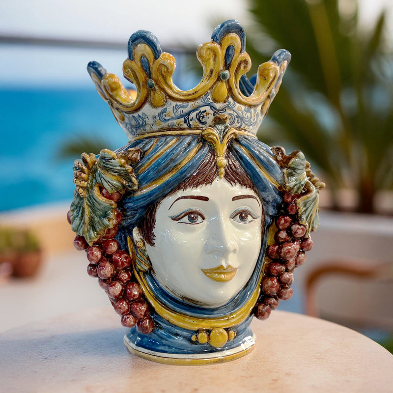 Ceramic Head with grapes h 40 blue/orange female
