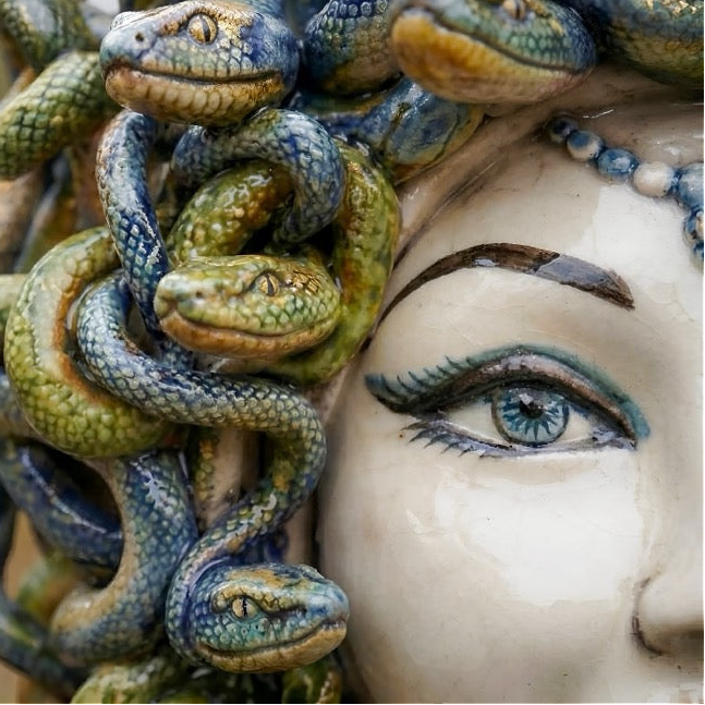 Tête Méduse H 30 cm – Madreperla Antichizzato, Bleu – Tête de Maure de Caltagirone, Sicile