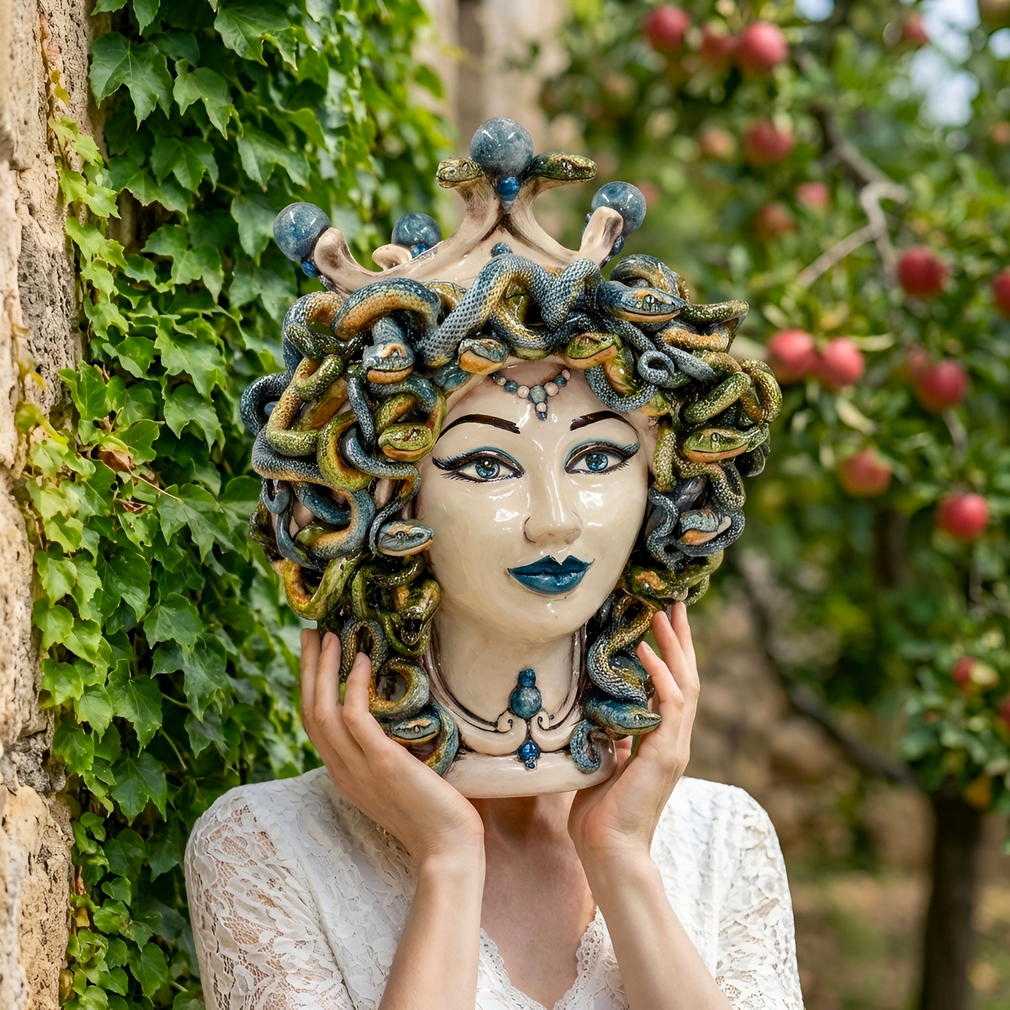 Tête Méduse H 30 cm – Madreperla Antichizzato, Bleu – Tête de Maure de Caltagirone, Sicile