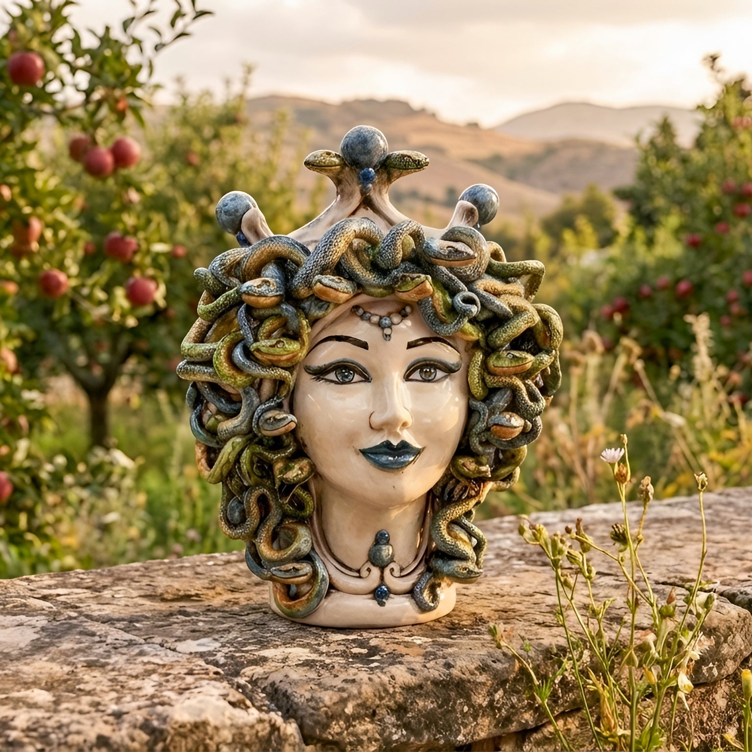 Tête Méduse H 30 cm – Madreperla Antichizzato, Bleu – Tête de Maure de Caltagirone, Sicile