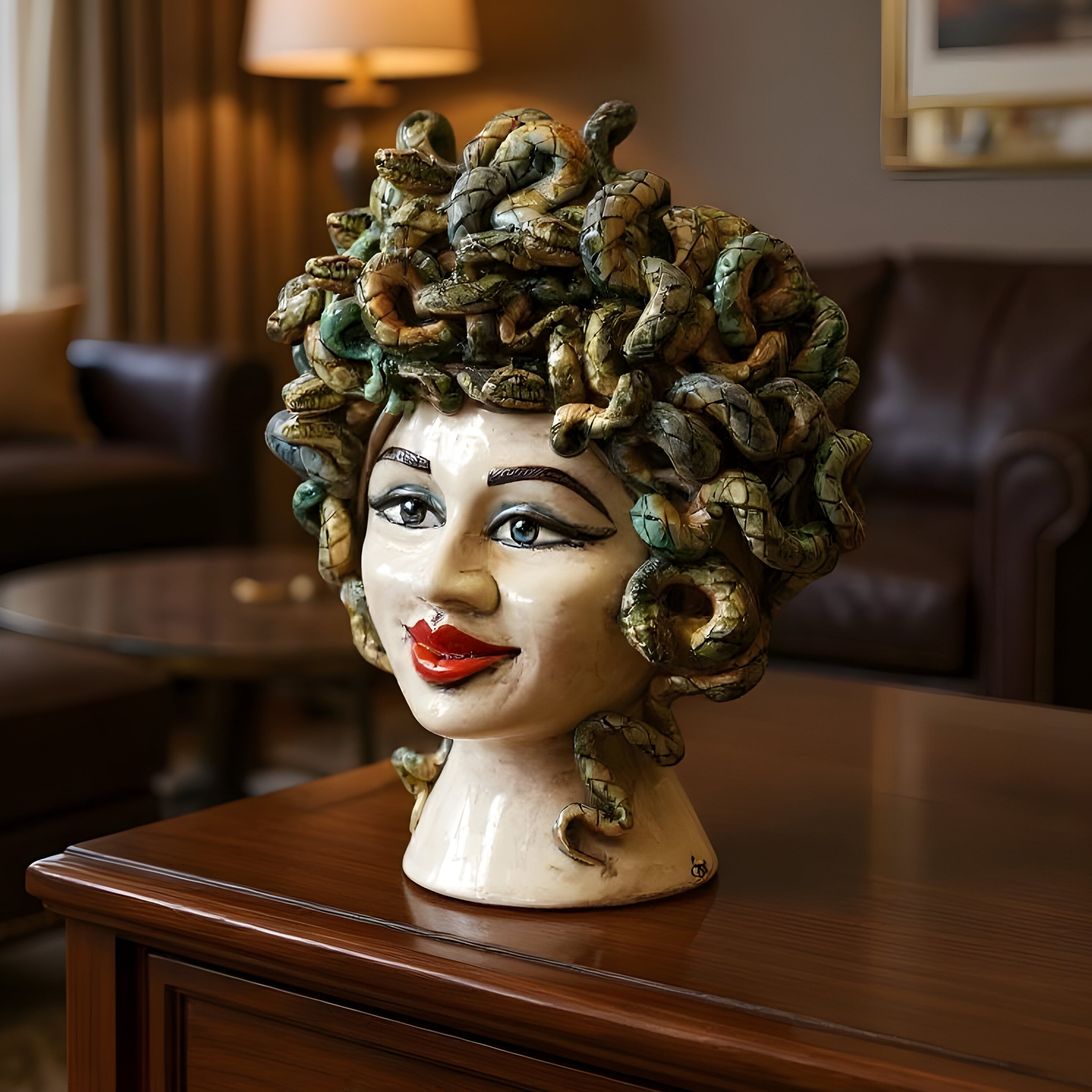 Testa Medusa sognia h 40 madreperla antichizzato labbra rosse femmina - Ceramiche di Caltagirone Sofia