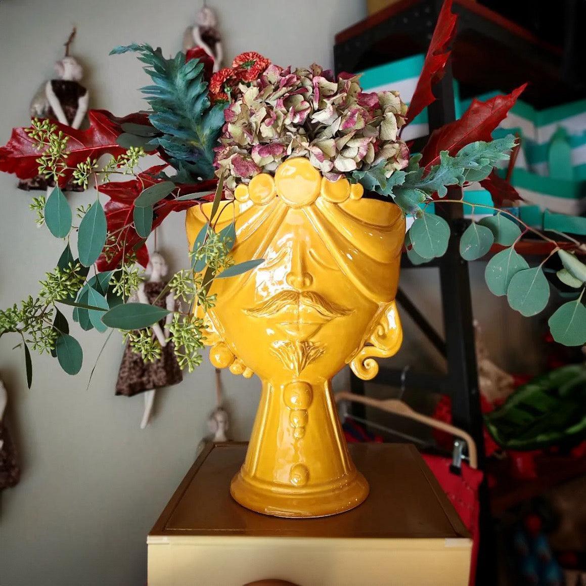 Testa Uomo Ceramica Caltagirone | Zahira Senape 30cm - Ceramiche di Caltagirone Sofia