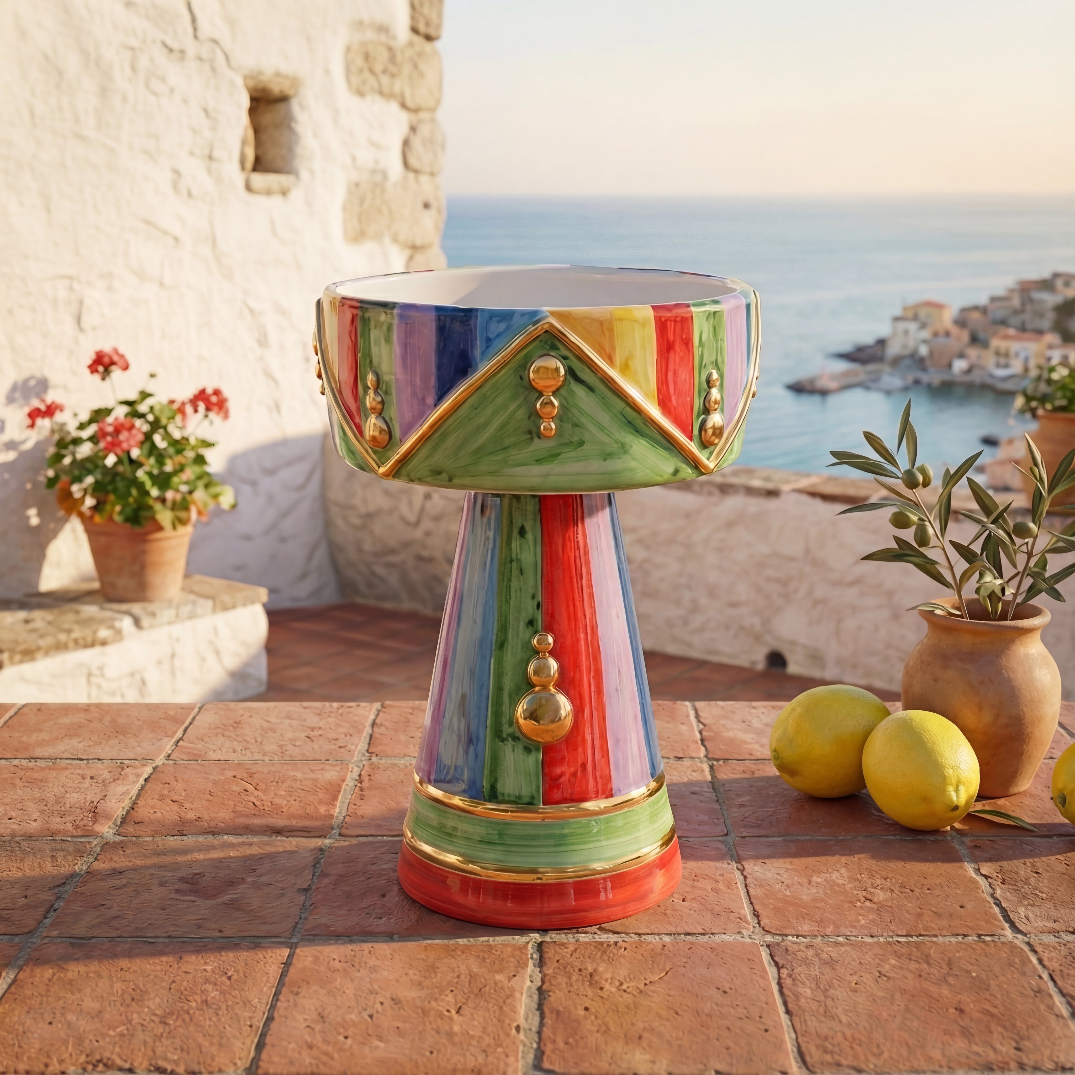 Vaso a coppa retto c/piede h 27 White and Color oro - Ceramiche di Caltagirone Sofia