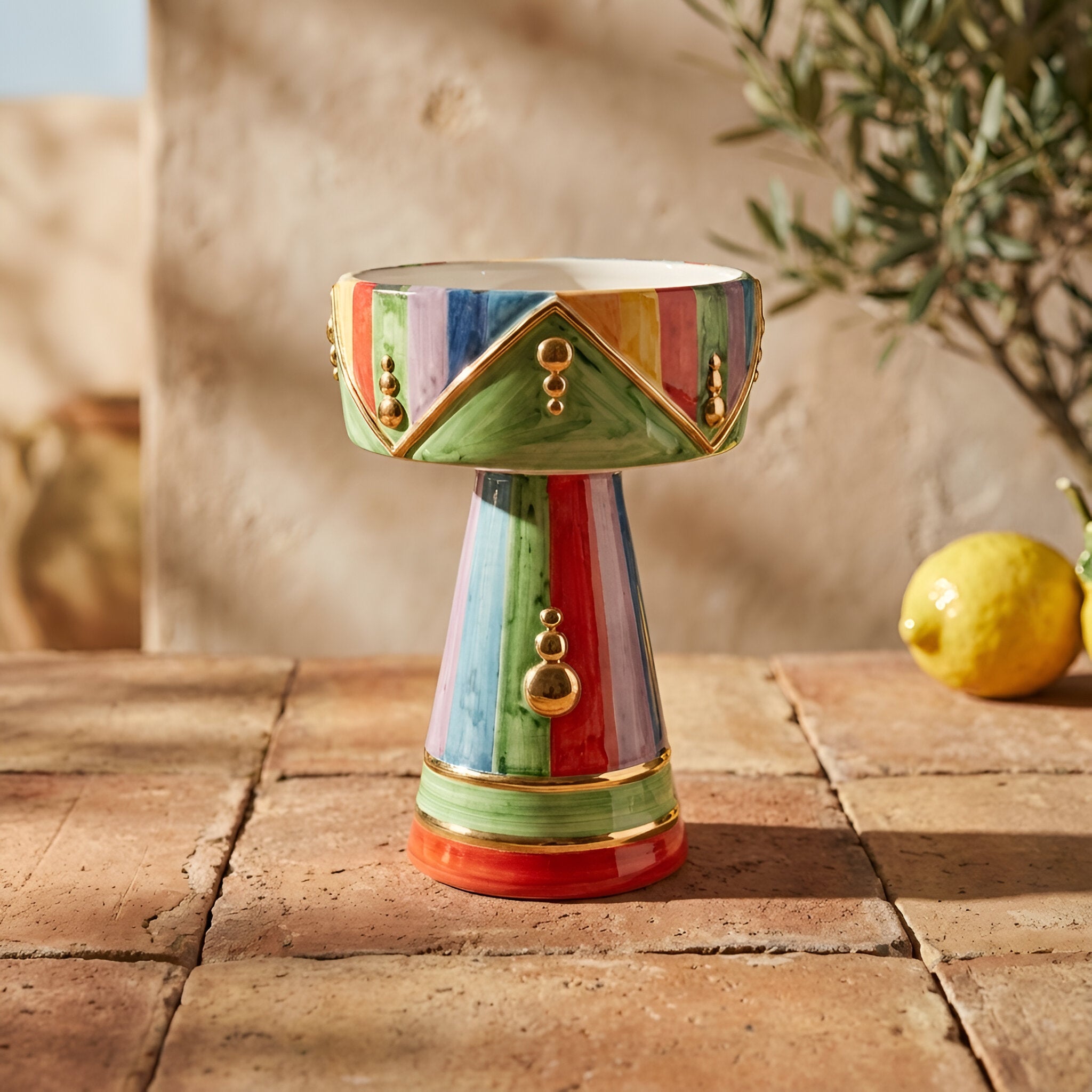 Vaso a coppa retto c/piede h 27 White and Color oro - Ceramiche di Caltagirone Sofia