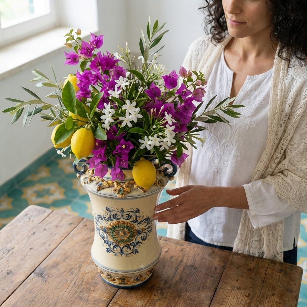 Vaso Albarello Ceramico con Manici in Blu e Arancio - Artigianato Siciliano di Caltagirone - Ceramiche di Caltagirone Sofia