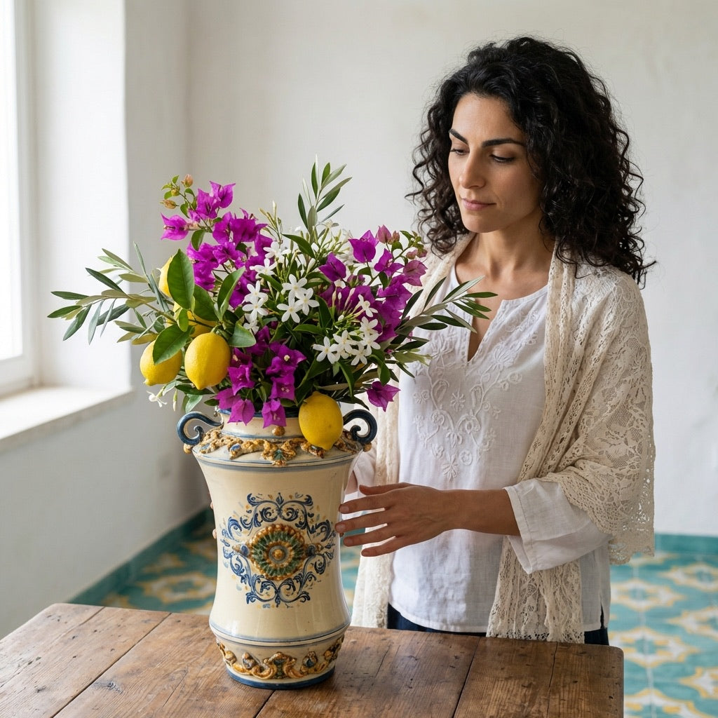 Vaso Albarello Ceramico con Manici in Blu e Arancio - Artigianato Siciliano di Caltagirone - Ceramiche di Caltagirone Sofia