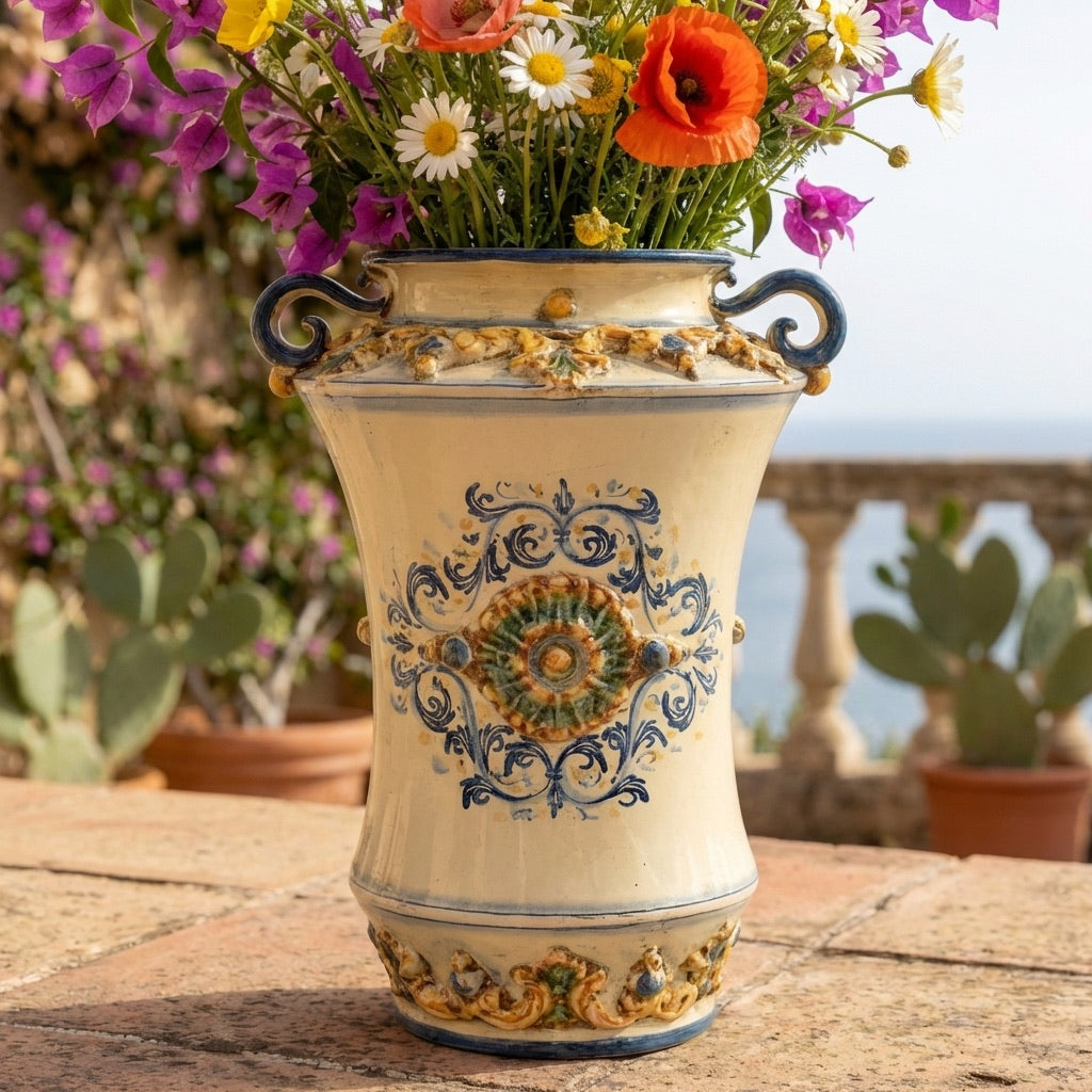 Vaso Albarello Ceramico con Manici in Blu e Arancio - Artigianato Siciliano di Caltagirone - Ceramiche di Caltagirone Sofia