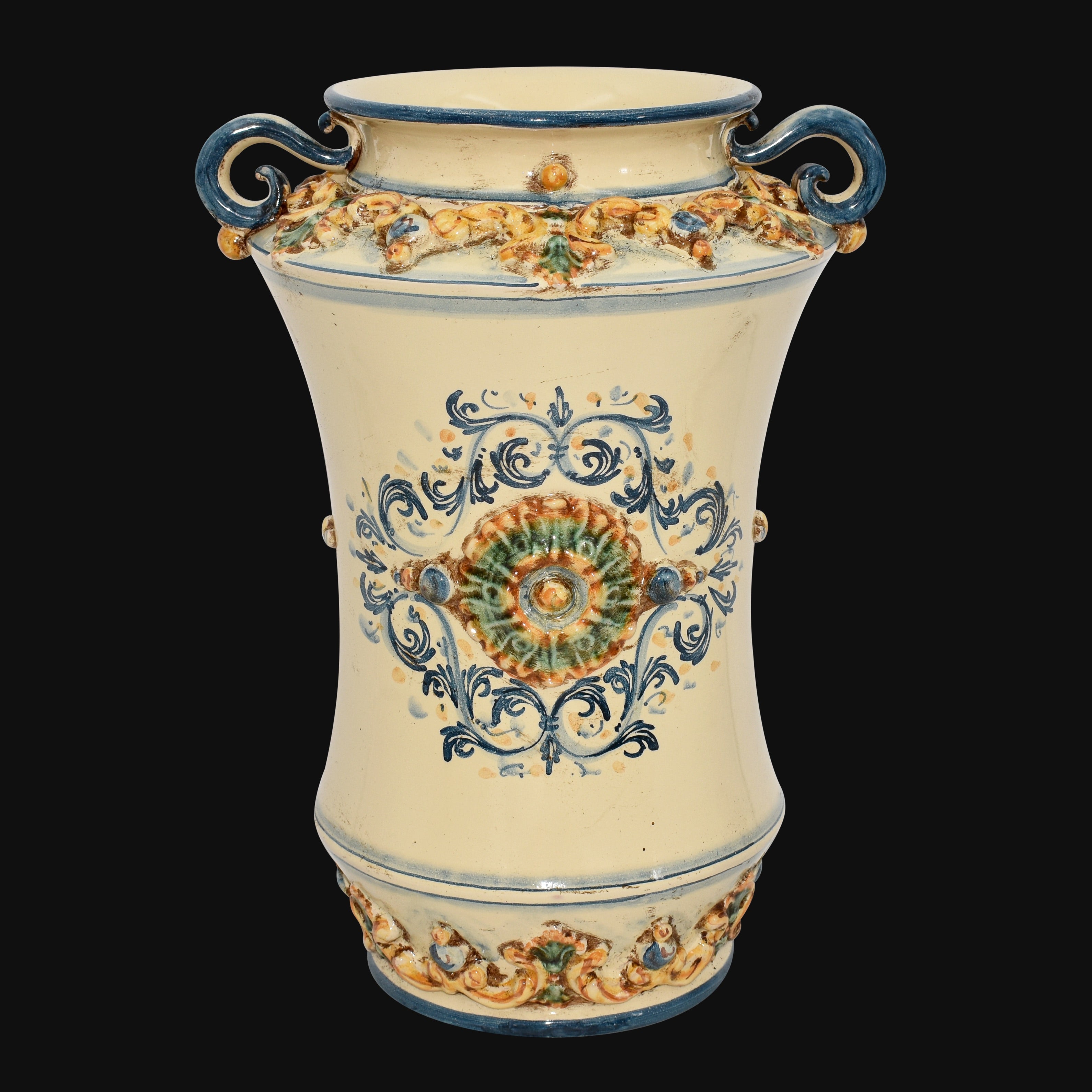 Vaso Albarello Ceramico con Manici in Blu e Arancio - Artigianato Siciliano di Caltagirone - Ceramiche di Caltagirone Sofia