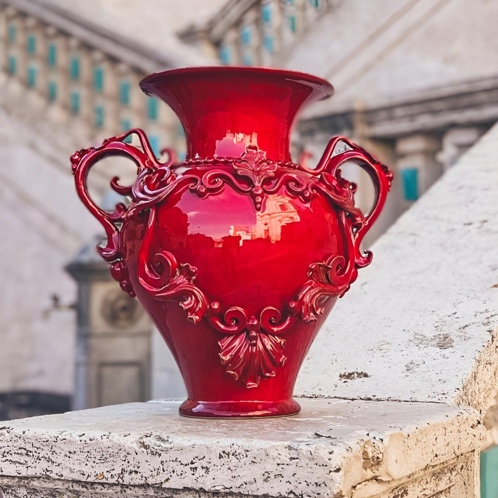 Vaso Anfora H 40 con Greca a Rilievo Rosso Fuoco - Ceramiche di Caltagirone Sofia - Ceramiche di Caltagirone Sofia
