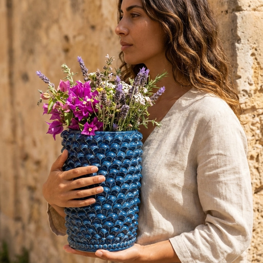 Donna con vaso blu ceramiche di Caltagirone fatti a mano, fiori freschi all'aperto