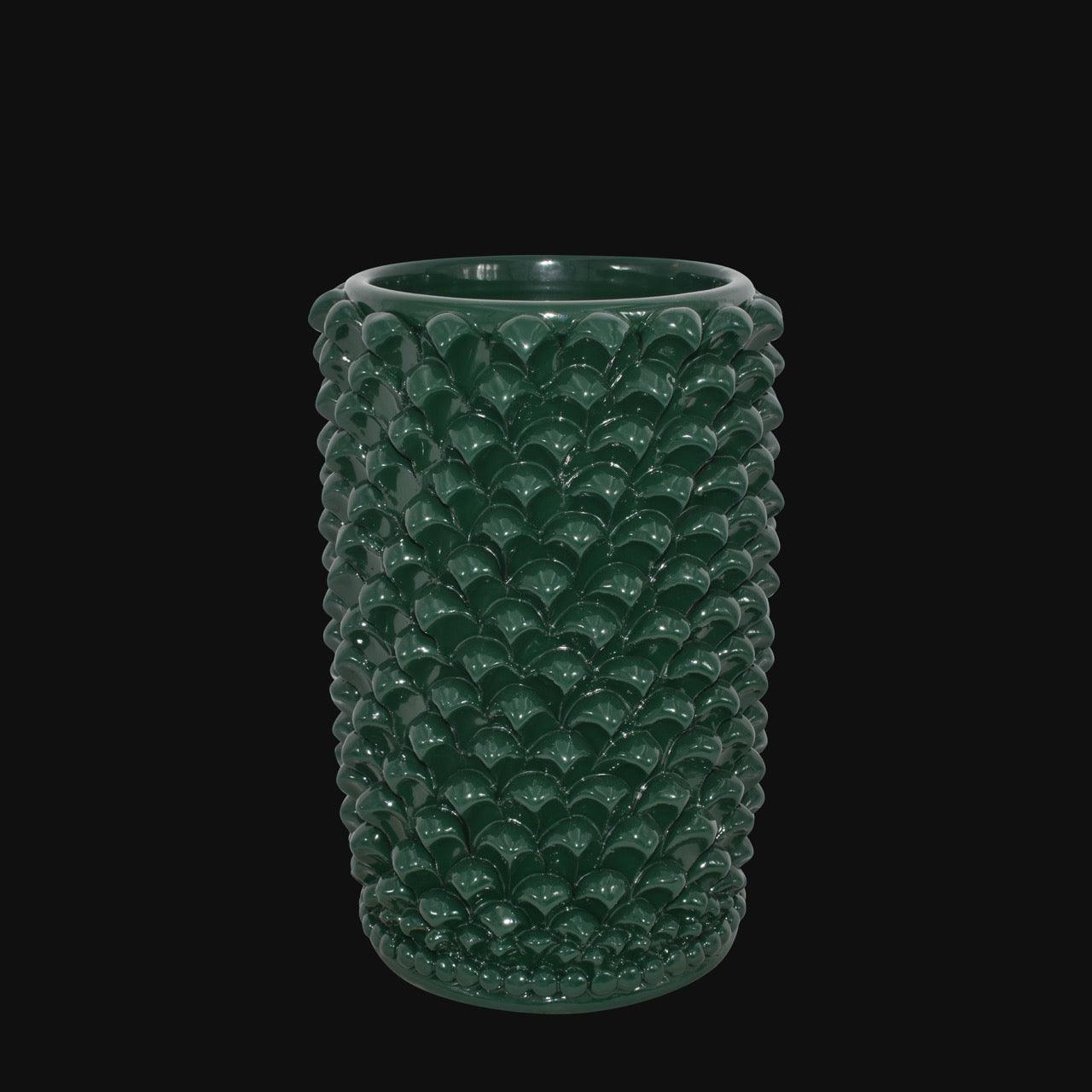 Vaso cilindro pigna di Caltagirone modellata a mano altezza 25 cm in verde antico - Ceramiche di Caltagirone Sofia
