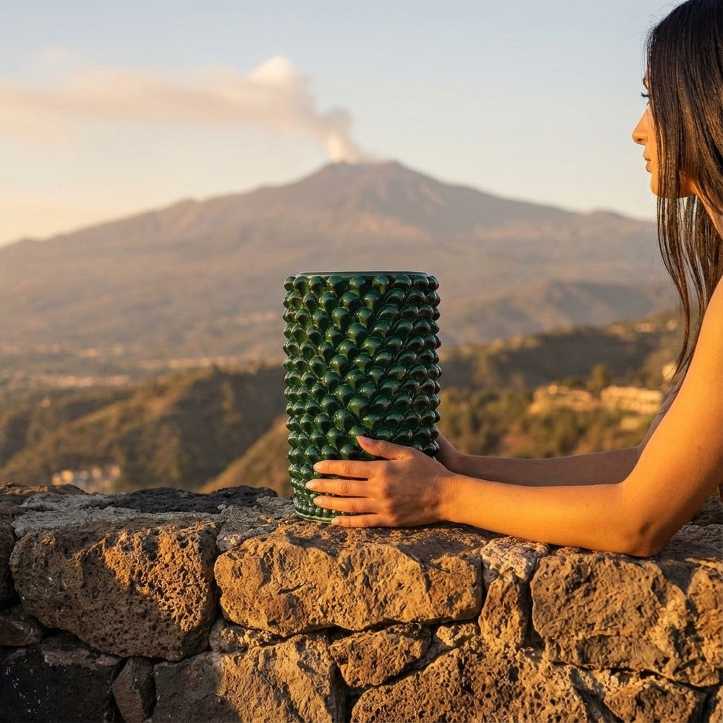 Caltagirone handmade pinecone vase modeled by hand height 25 in green