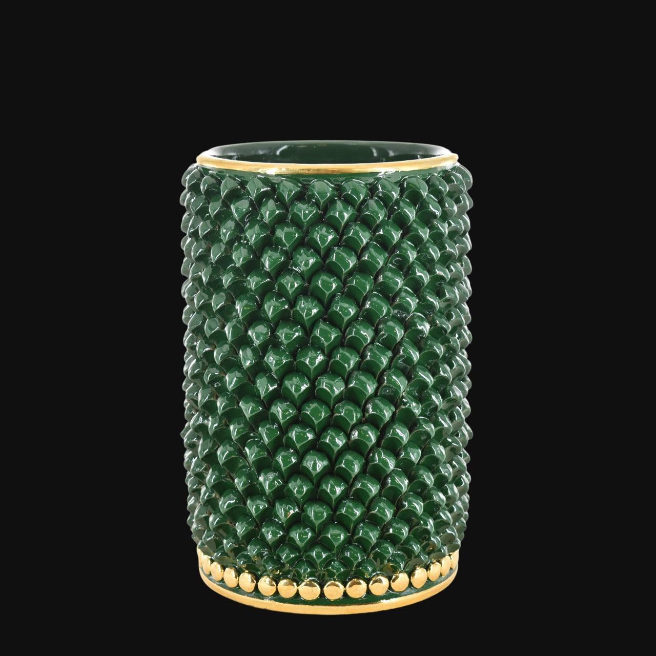 Vaso cilindro pigna modellata a mano in verde e oro - Ceramiche di Caltagirone Sofia