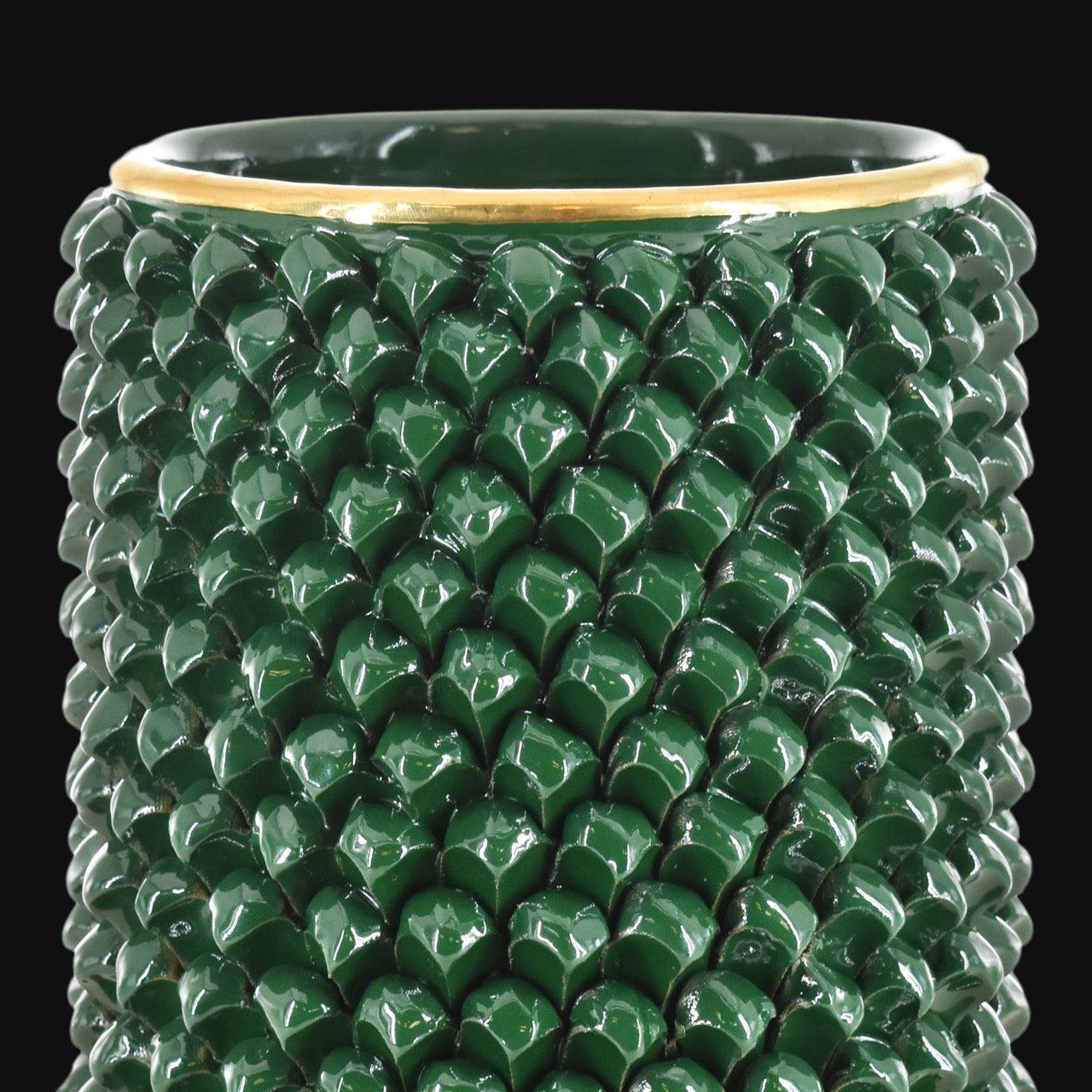 Vaso cilindro pigna modellata a mano in verde e oro - Ceramiche di Caltagirone Sofia