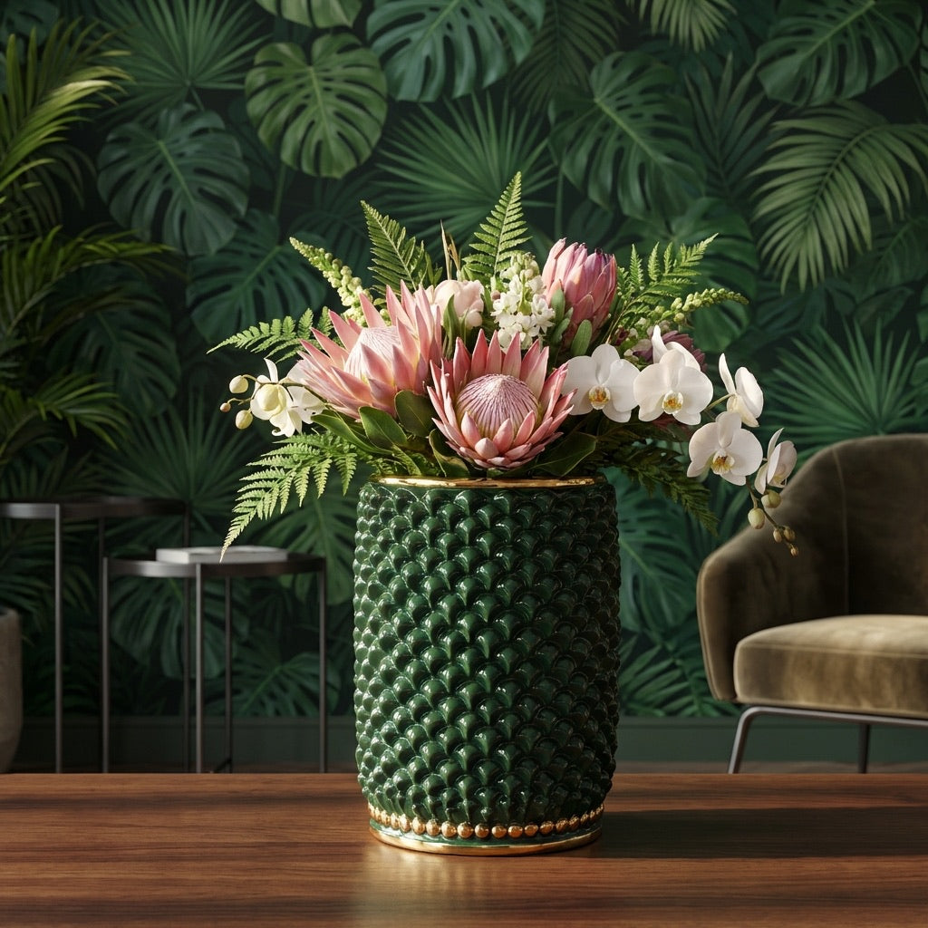 Vaso cilindro pigna modellata a mano in verde e oro - Ceramiche di Caltagirone Sofia