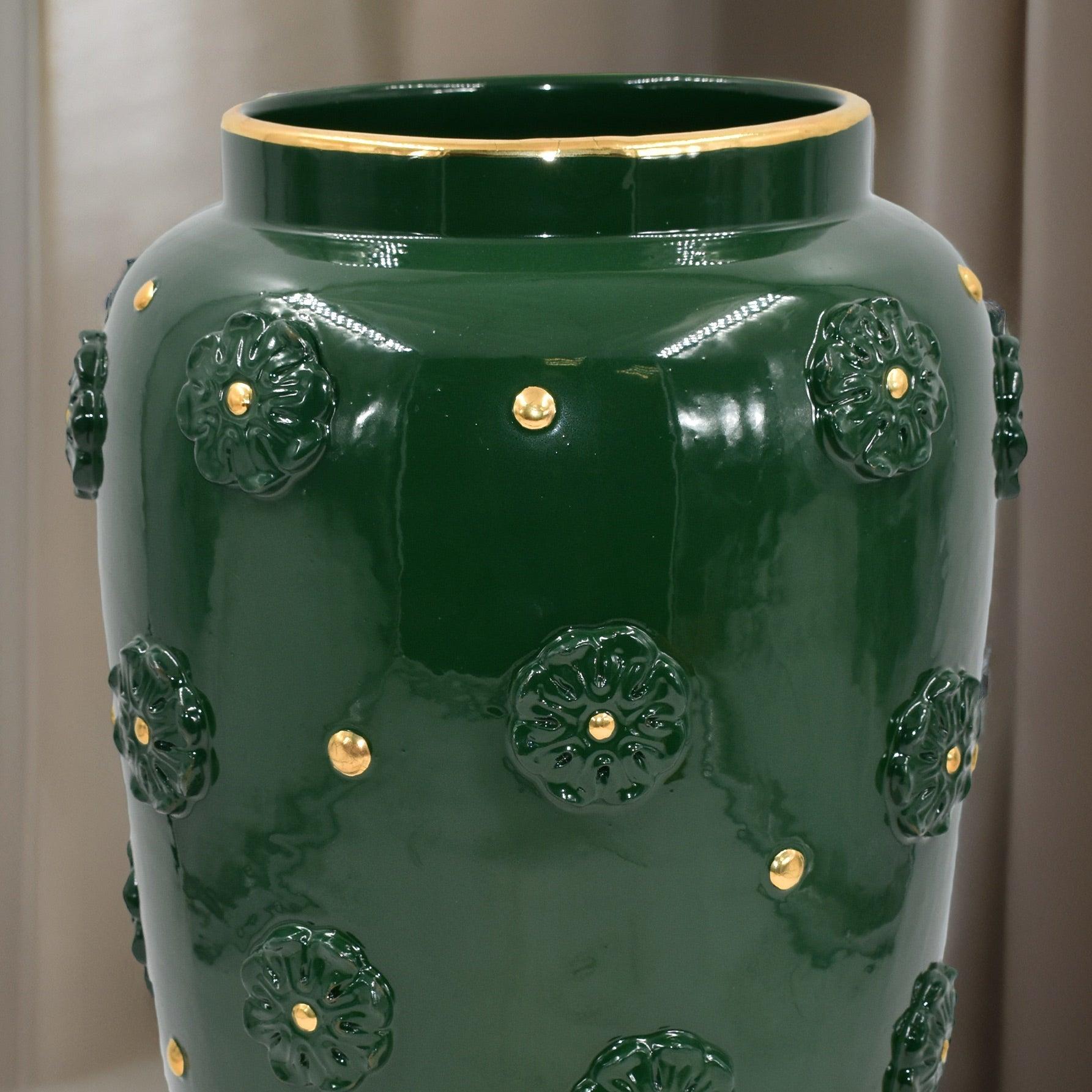 Vaso con rosone h 37 verde antico e oro - Ceramiche di Caltagirone Sofia