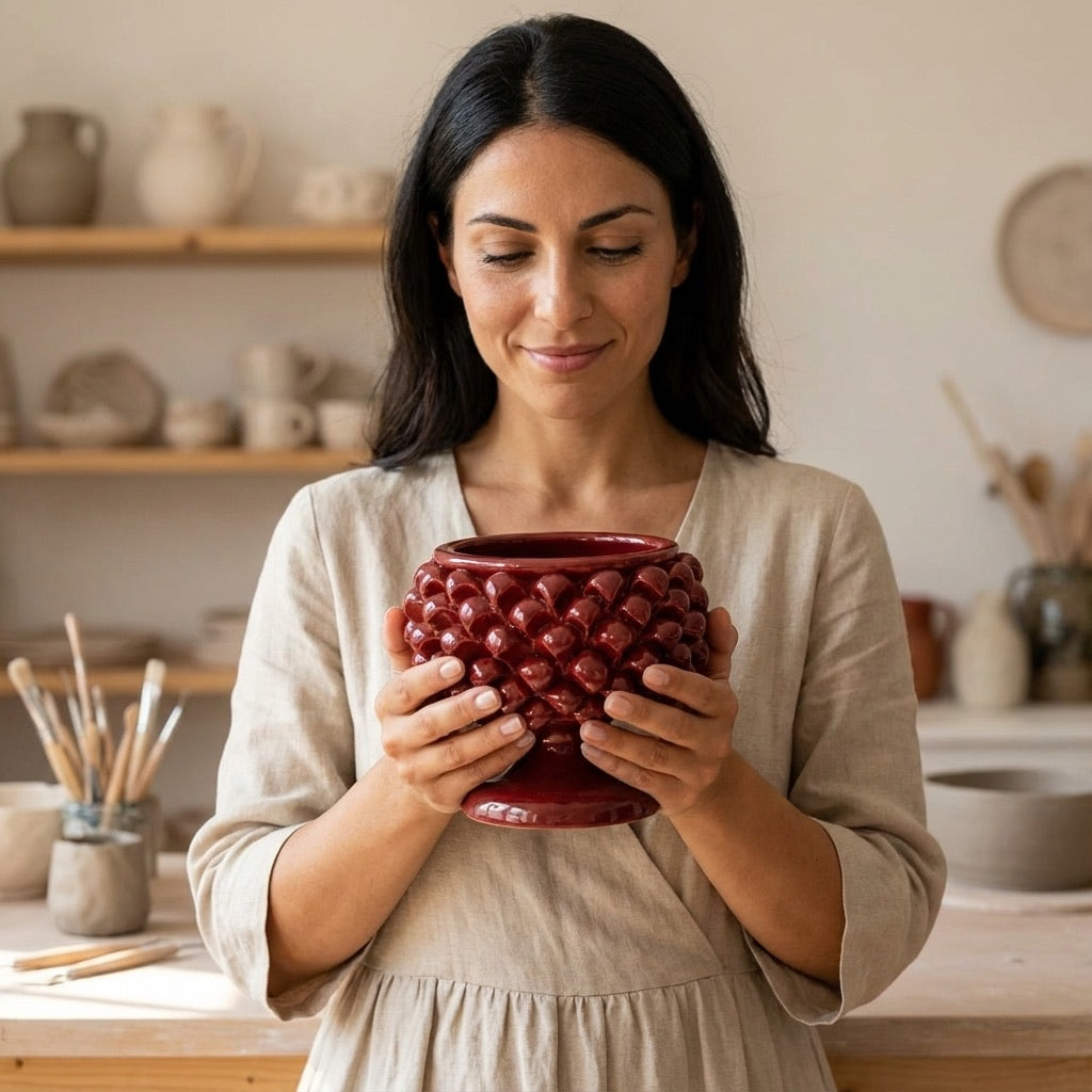 Vaso mezza pigna bordeaux in ceramica di Caltagirone - Ceramiche di Caltagirone Sofia