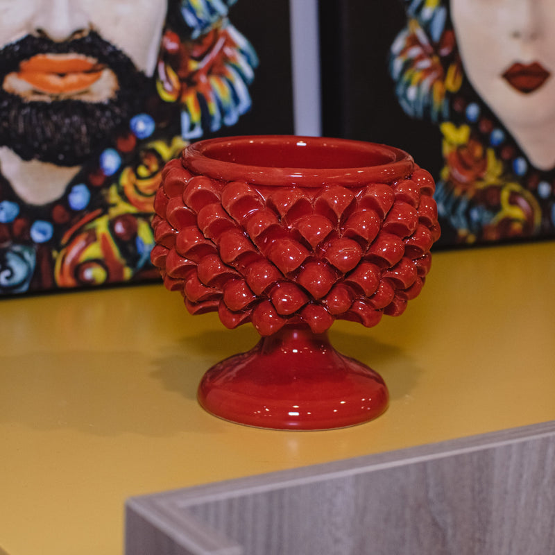 Caltagirone ceramic half-pine cone vase in fiery red