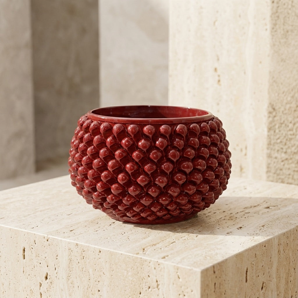Vaso mezza pigna s/piede bordeaux in ceramica di Caltagirone - Ceramiche di Caltagirone Sofia