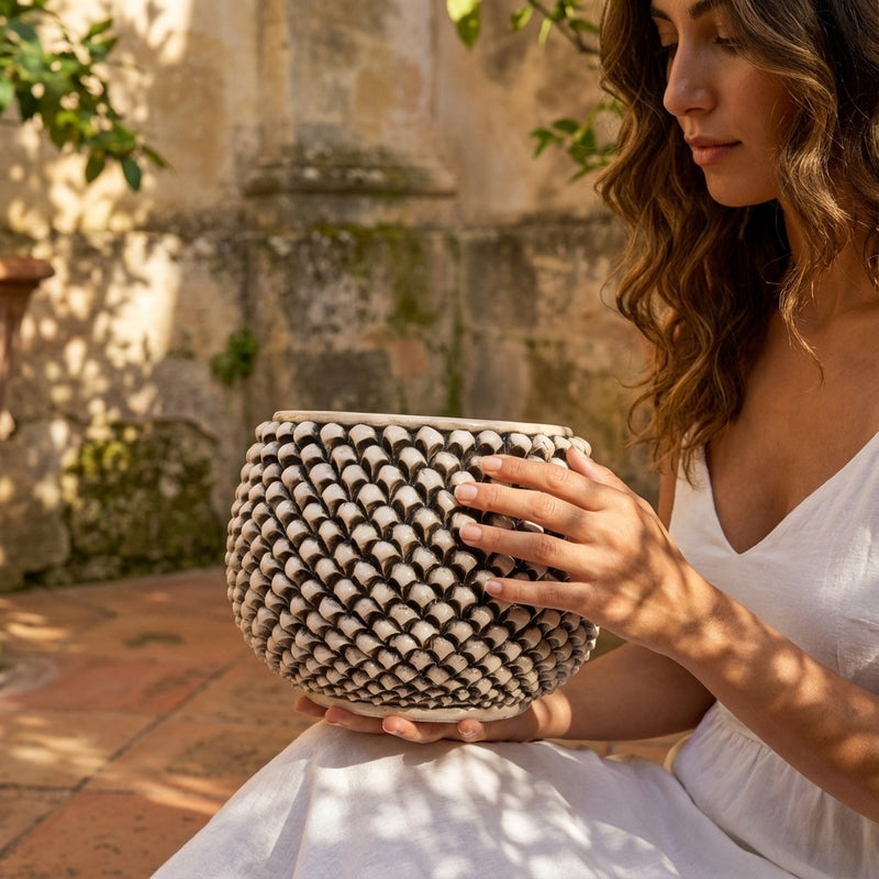 Half pine cone vase without foot, mother-of-pearl, antiqued in Caltagirone ceramic