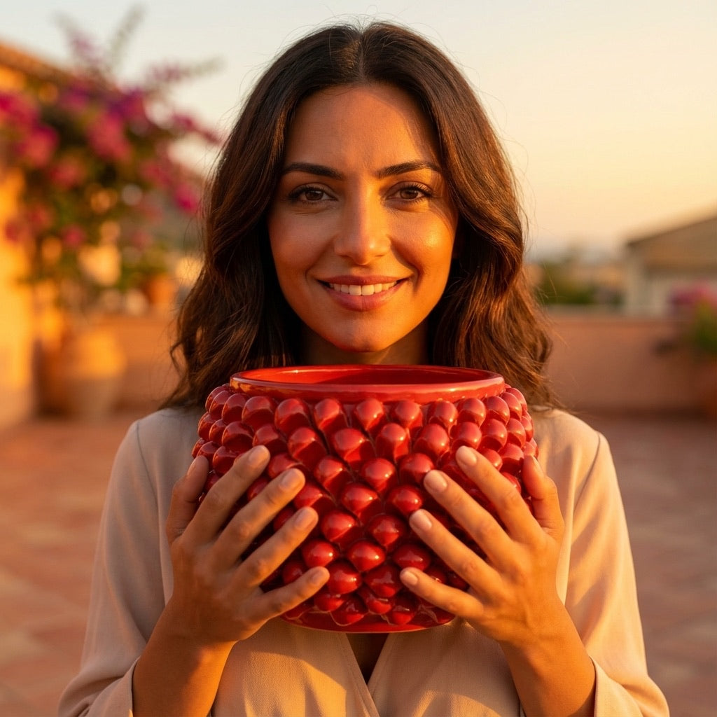 Vaso mezza pigna s/piede rosso fuoco in ceramica di Caltagirone - Ceramiche di Caltagirone Sofia