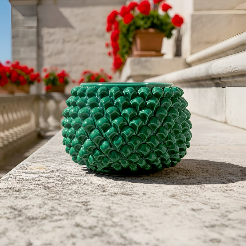Caltagirone ceramic emerald green half-pine cone vase without foot