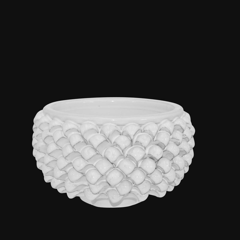 Half pine cone vase without foot in white line ceramic from Caltagirone