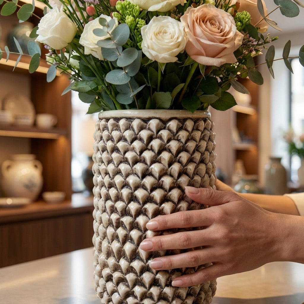 Vaso Pigna cilindro modellata a mano Madreperla Antichizzato - Ceramiche di Caltagirone Sofia