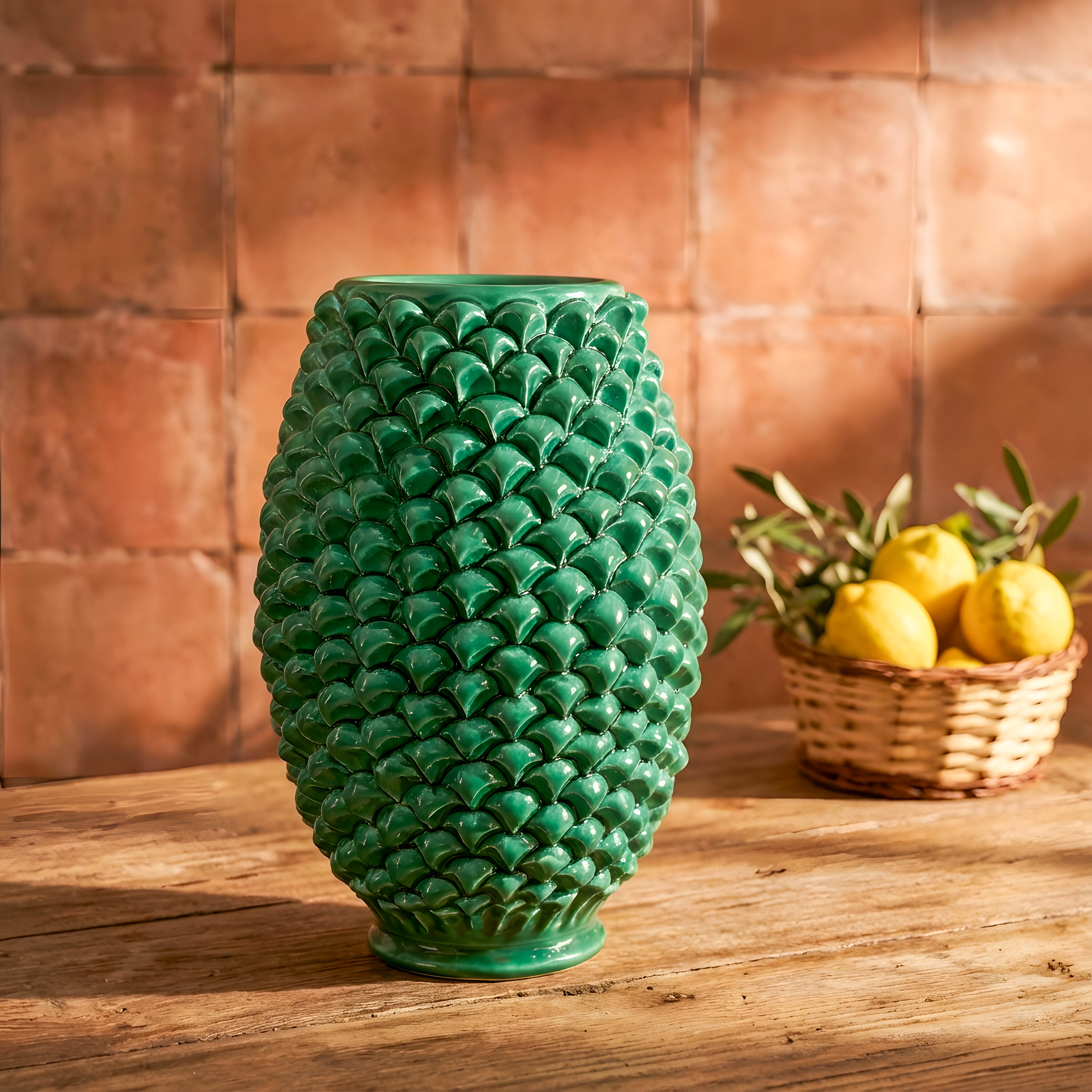 Vaso pigna di Caltagirone verde smeraldo modellata a mano - Ceramiche di Caltagirone Sofia