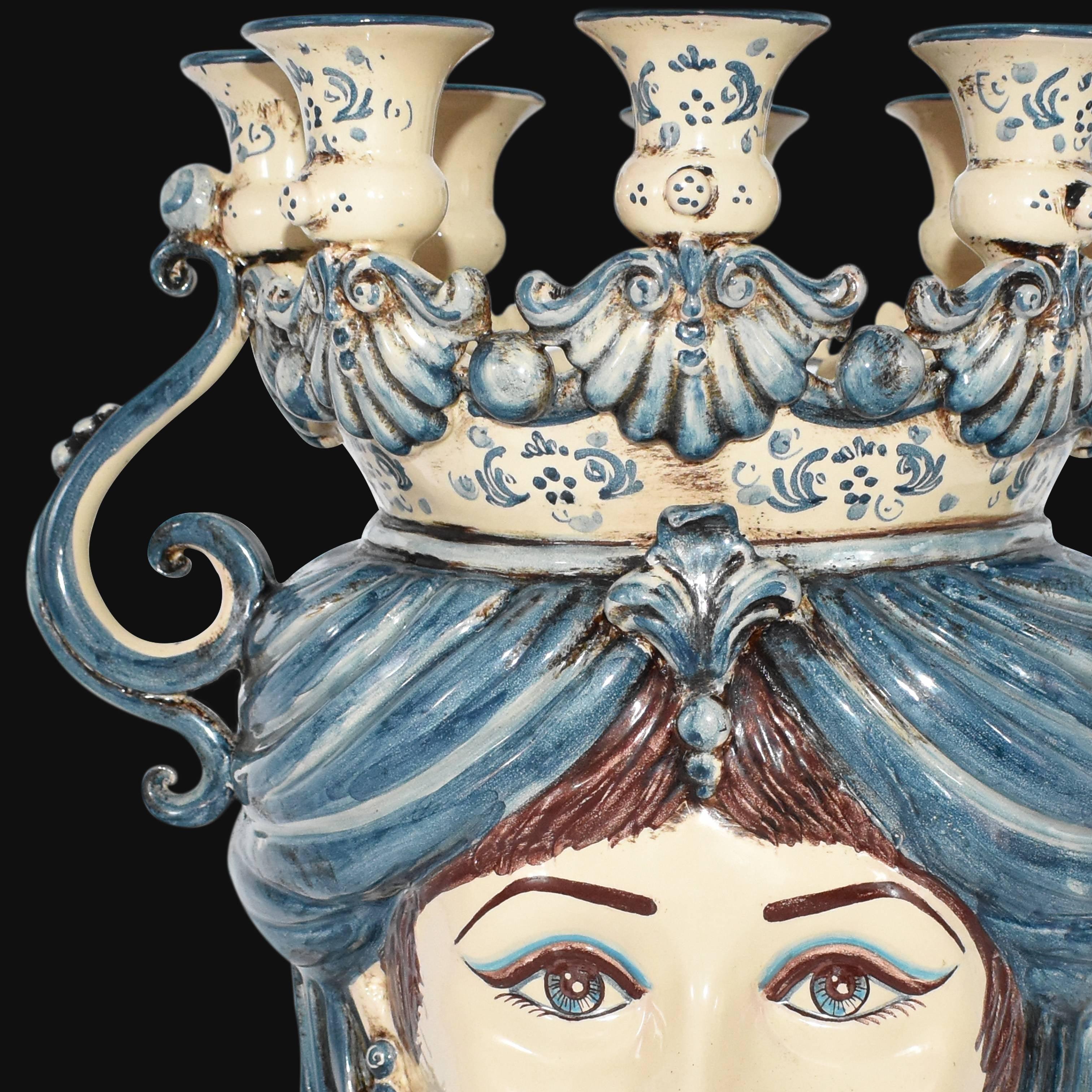 Testa a candeliere h 40 mono blu femmina - Ceramiche di Caltagirone Sofia