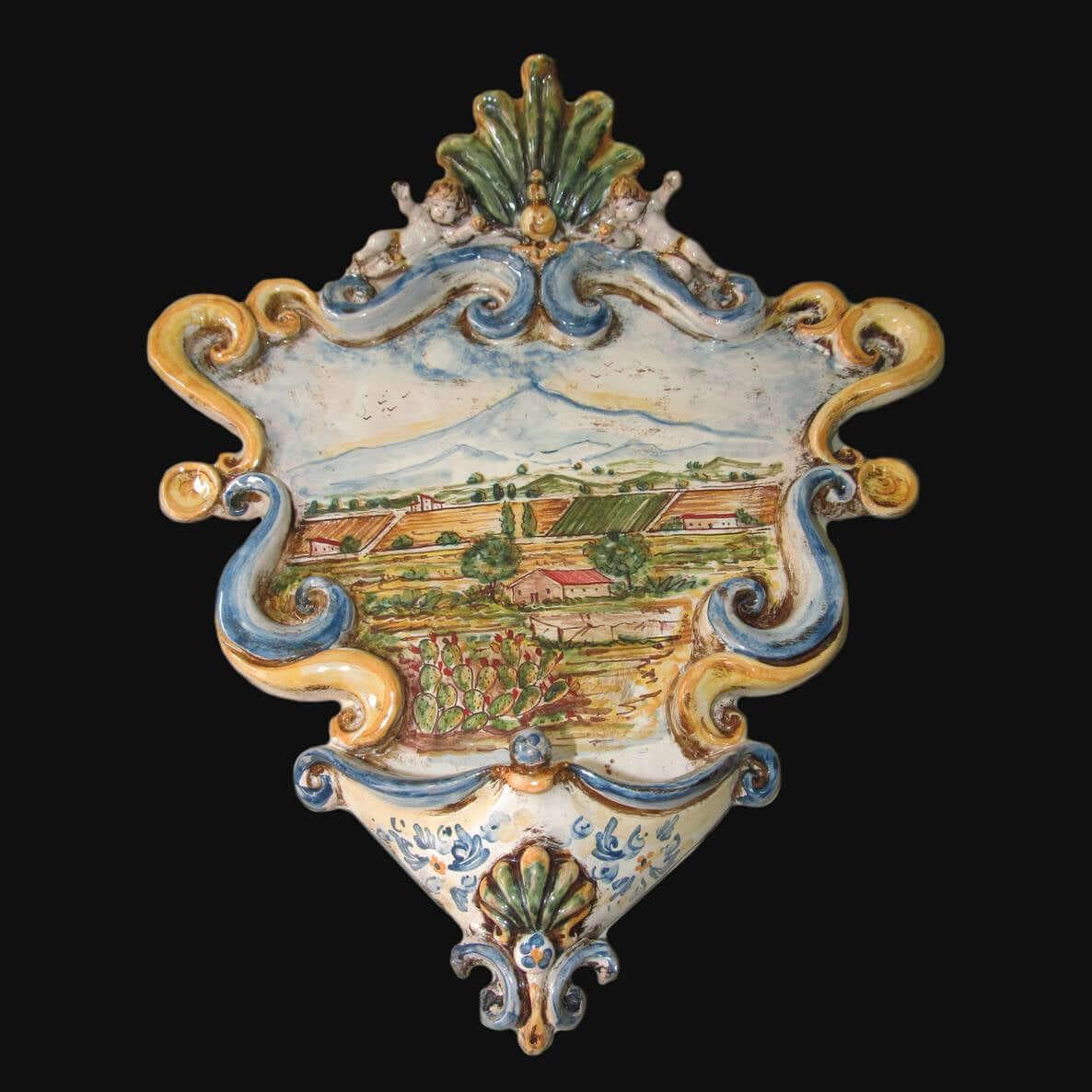 Acquasantiera Appl 28x33 Paesaggio Etna Tricolore - Ceramiche di Caltagirone Sofia