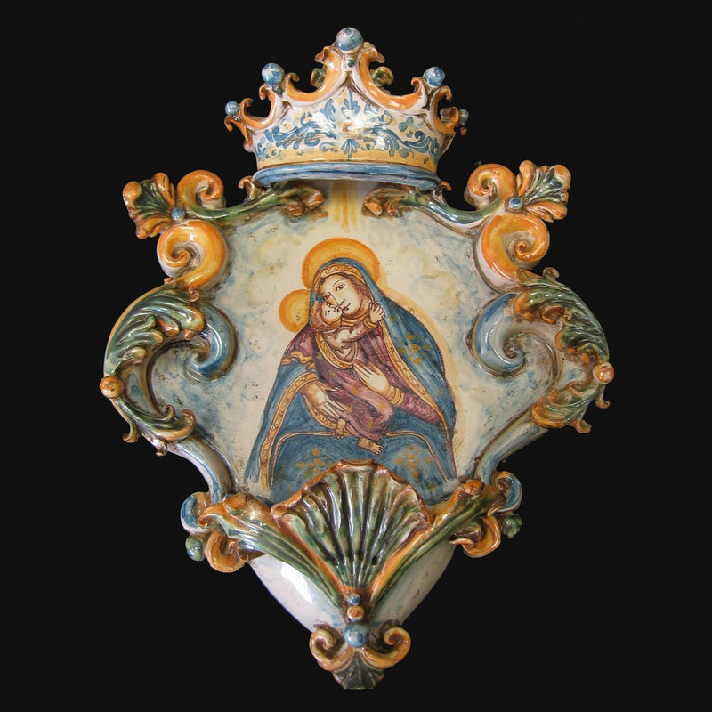Pila de Agua Bendita Siciliana Grande 25×35 cm, Virgen María, Tricolor – Cerámica devocional italiana de Caltagirone, Sicilia