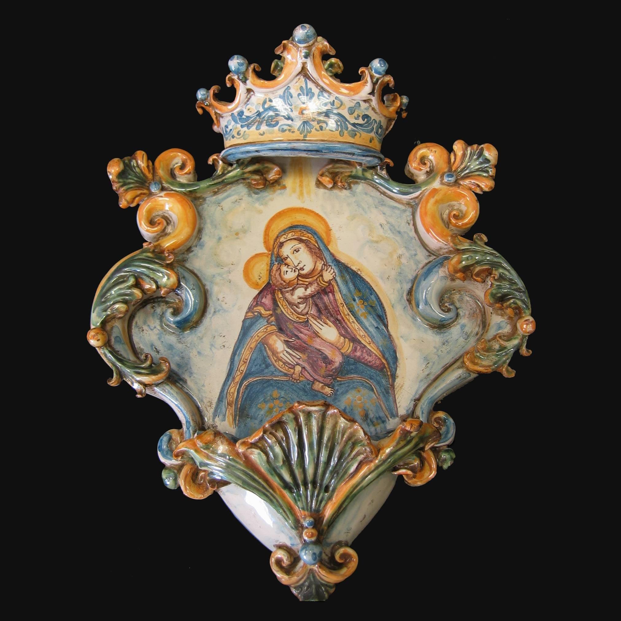 Acquasantiera Grande 25x35 Madonna con Gesù Tricolore in Ceramica di Caltagirone - Ceramiche di Caltagirone Sofia