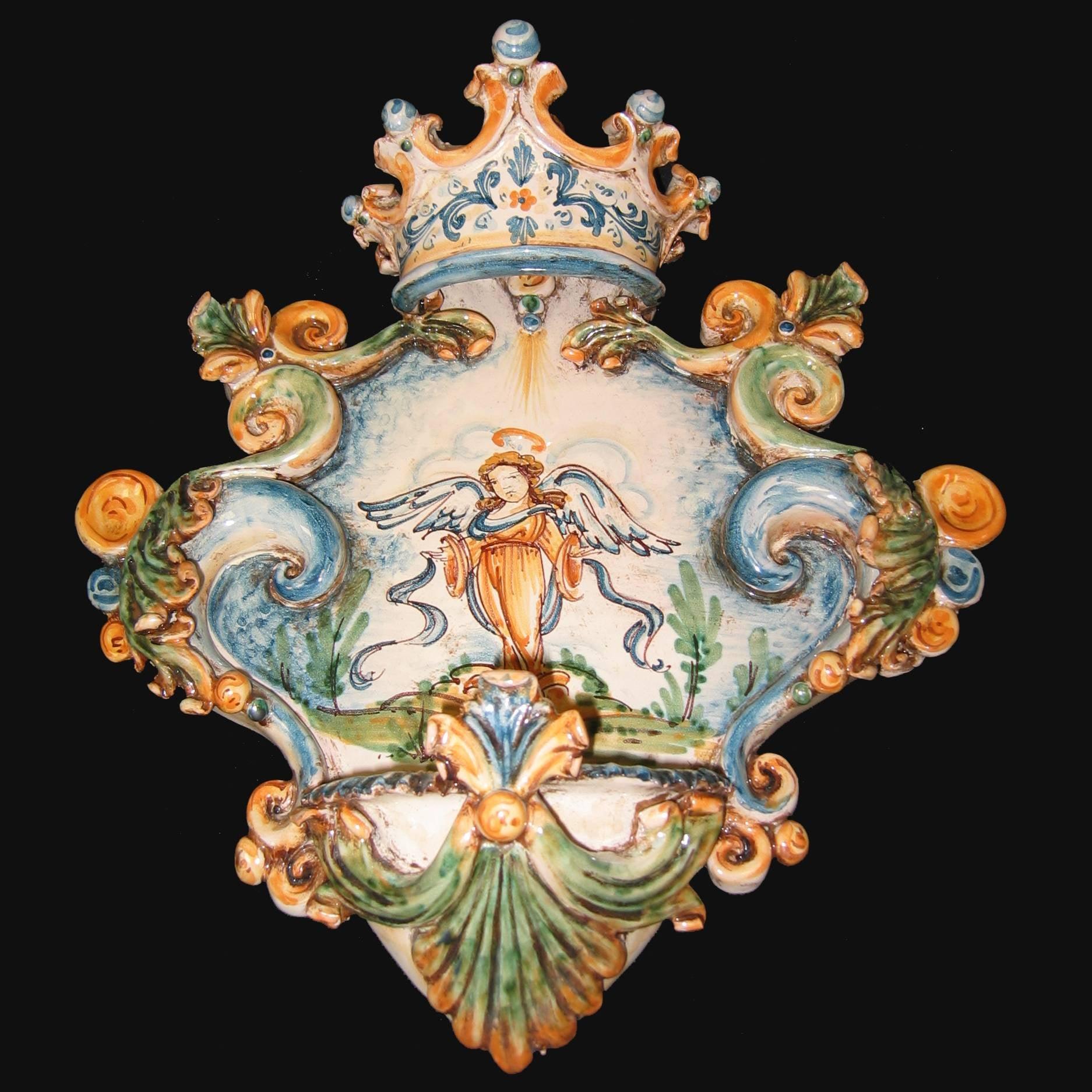 Acquasantiera Grande Appl 25x35 con Angelo in Piedi Tricolore - Ceramiche di Caltagirone Sofia