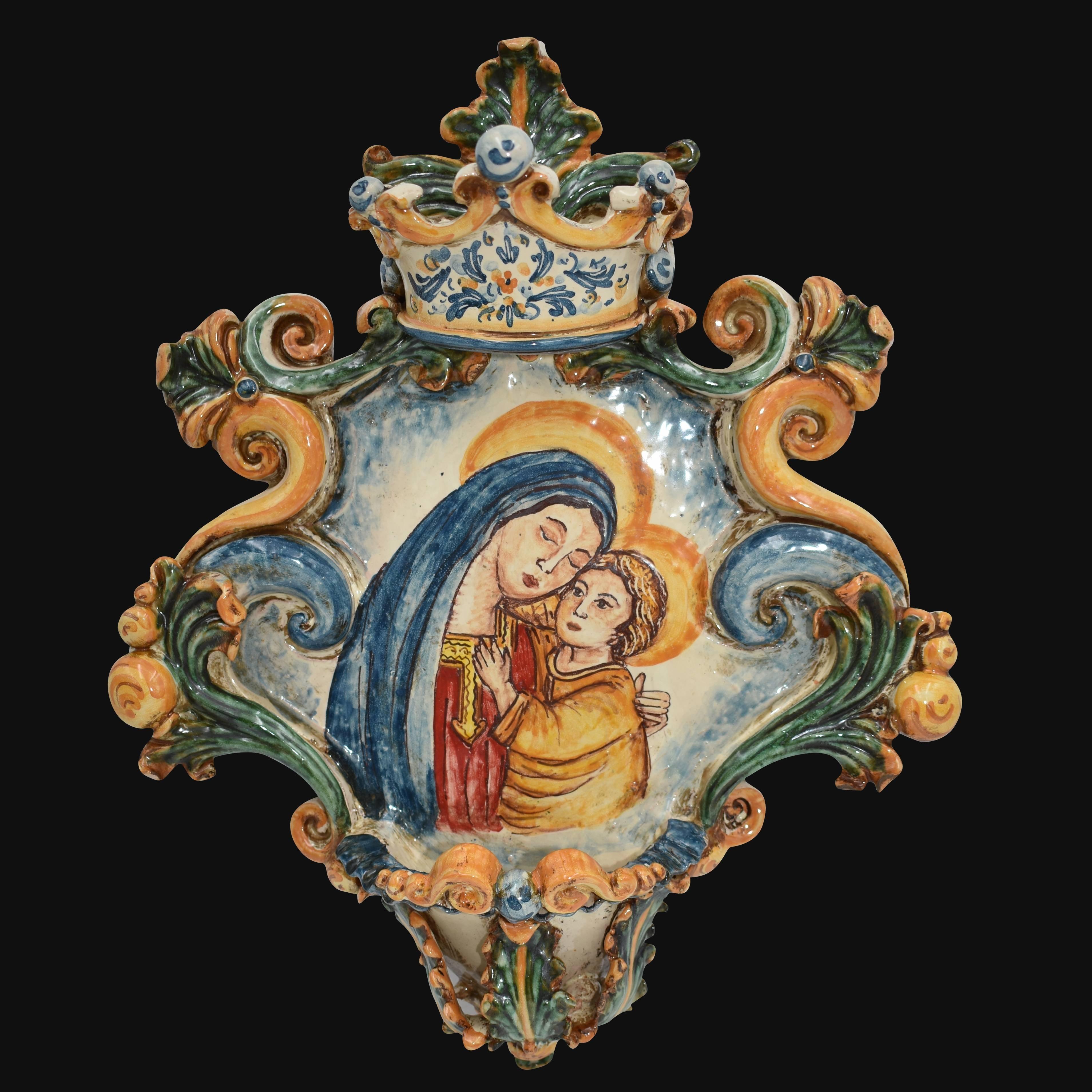 Acquasantiera grande appl 25x35 madonna maria con gesù tricolore - Ceramiche di Caltagirone Sofia