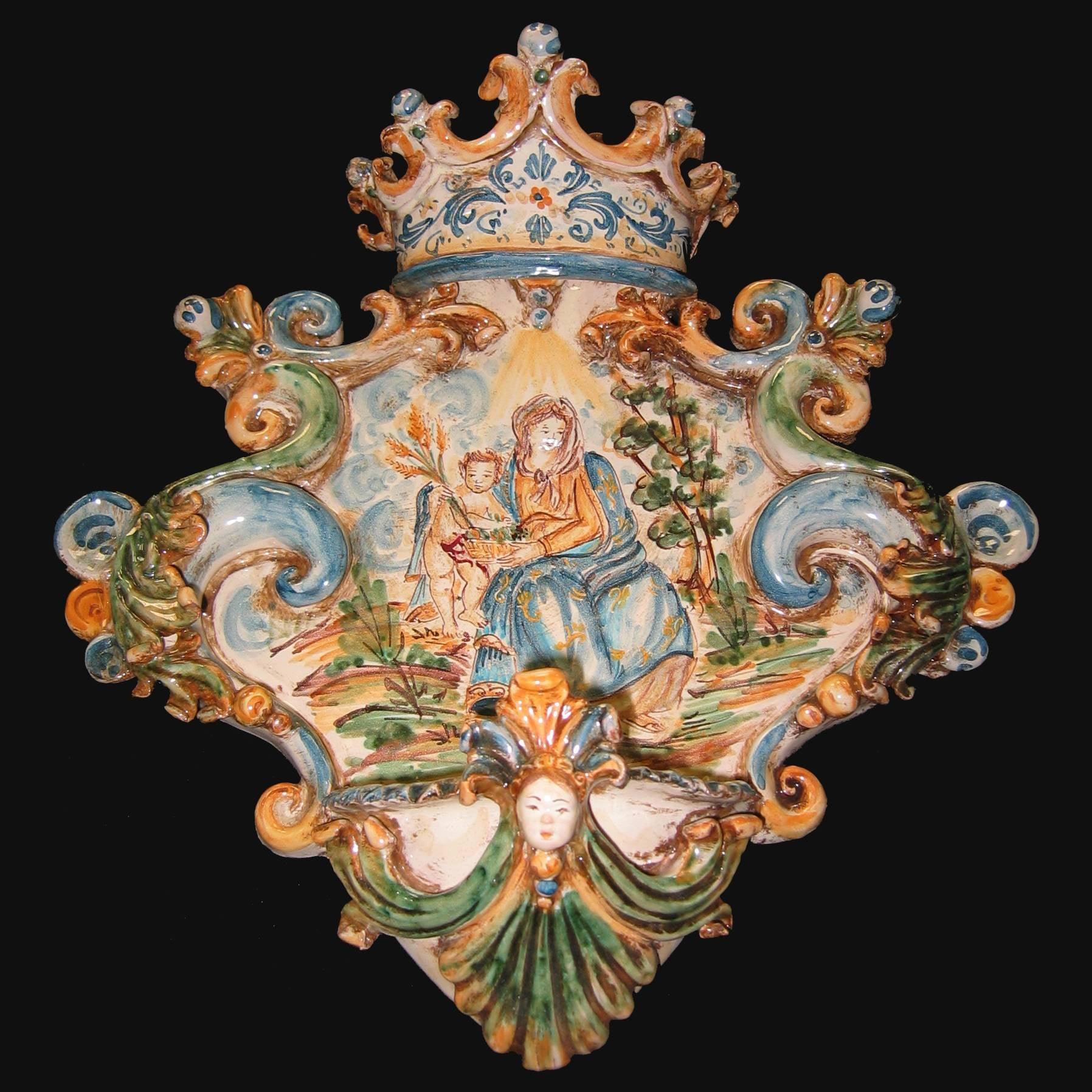 Acquasantiera grande appl 25x35 madonna valderice tricolore - Ceramiche di Caltagirone Sofia