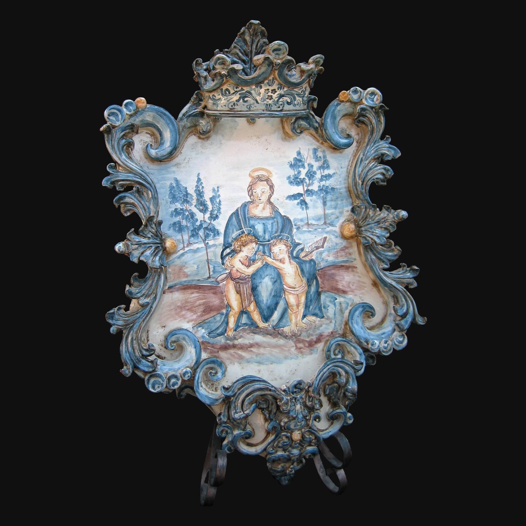 Acquasantiera maxi appl rettangolare 35x45 madonna del cardellino mono blu - Ceramiche di Caltagirone Sofia