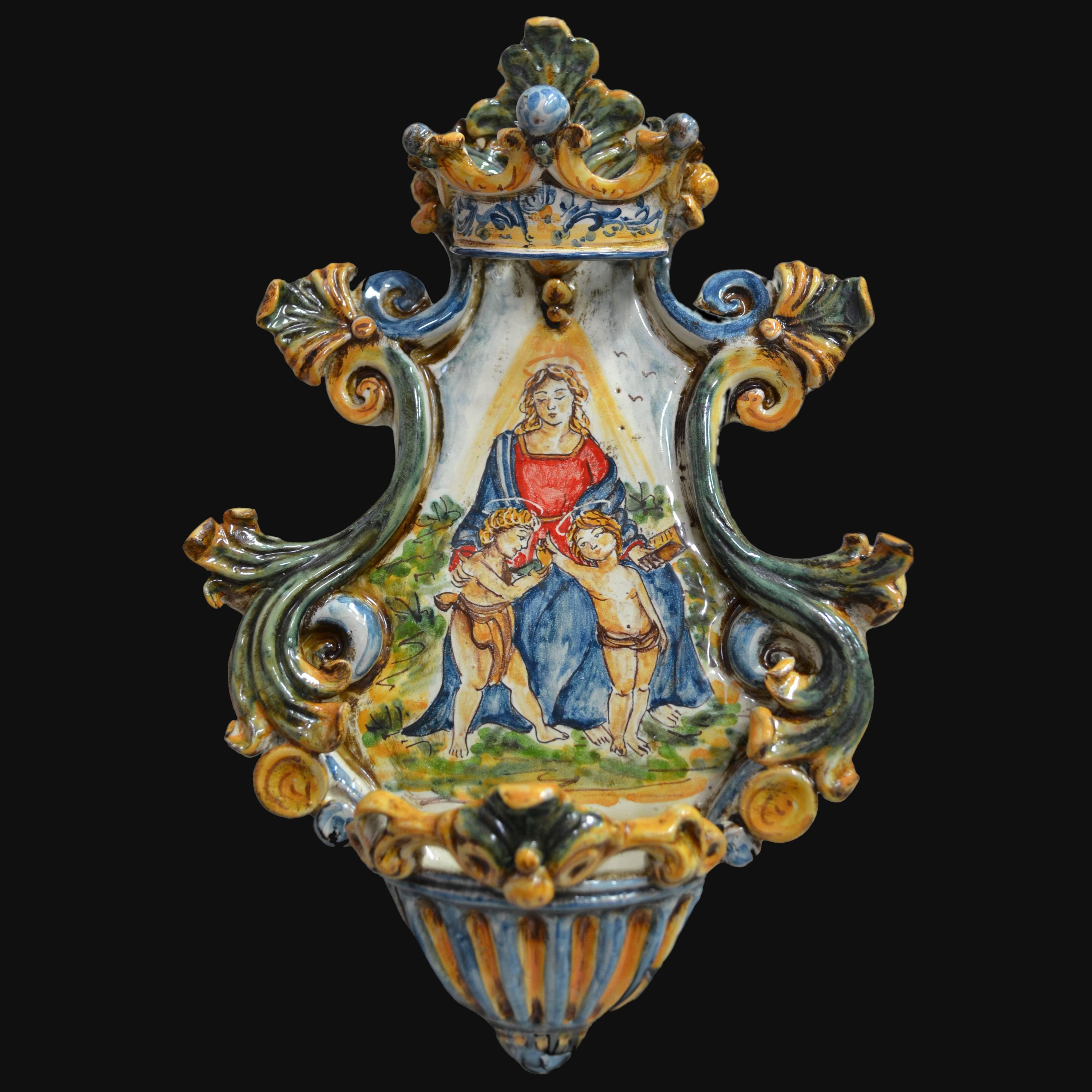 Acquasantiera media appl 19x30 madonna del cardellino tricolore - Ceramiche di Caltagirone Sofia
