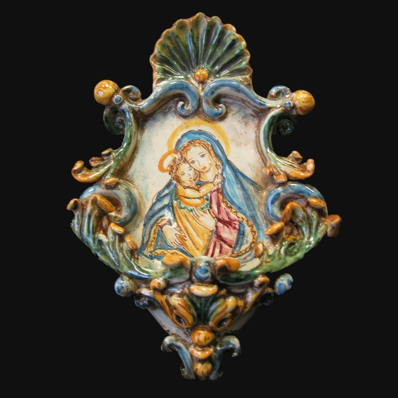 Pila de Agua Bendita Pequeña 15×25 cm, Virgen María, Tricolor – Cerámica Caltagirone – artesanía sacra siciliana