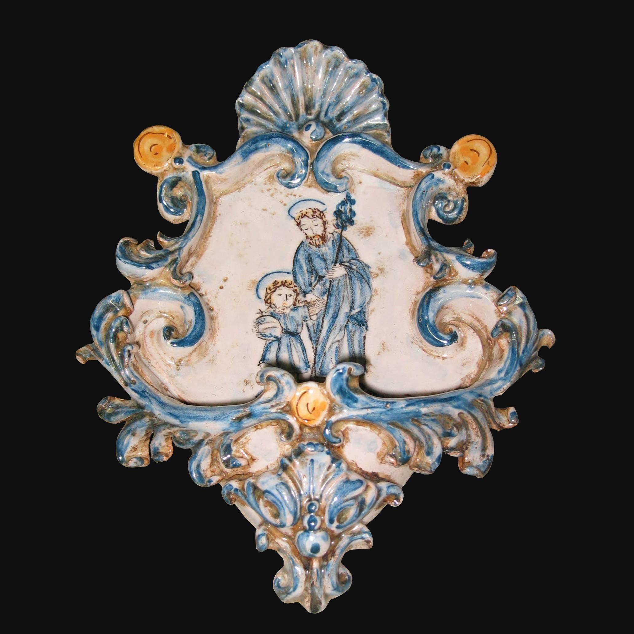 Acquasantiera piccola appl 15x25 san giuseppe c/gesù mono blu - Ceramiche di Caltagirone Sofia