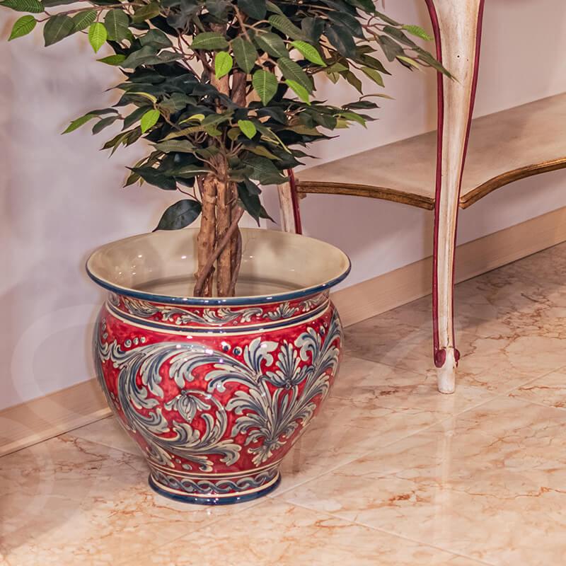 Cachepot portapianta in serie ornato blu e bordeaux - Ceramiche di Caltagirone Sofia