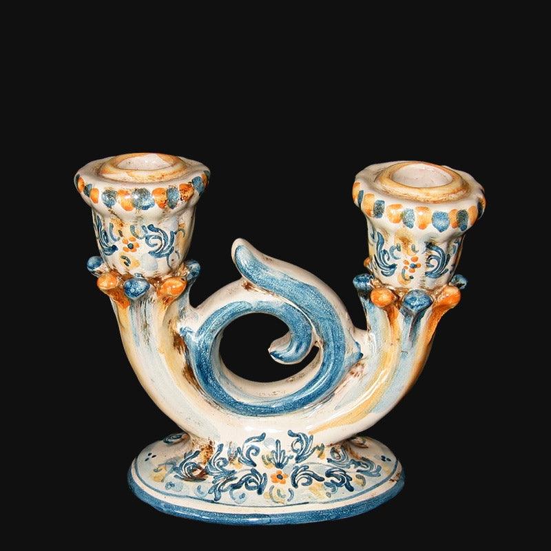 Candeliere 2 fuochi 14x14 s. d'arte blu e arancio - Ceramiche di Caltagirone Sofia