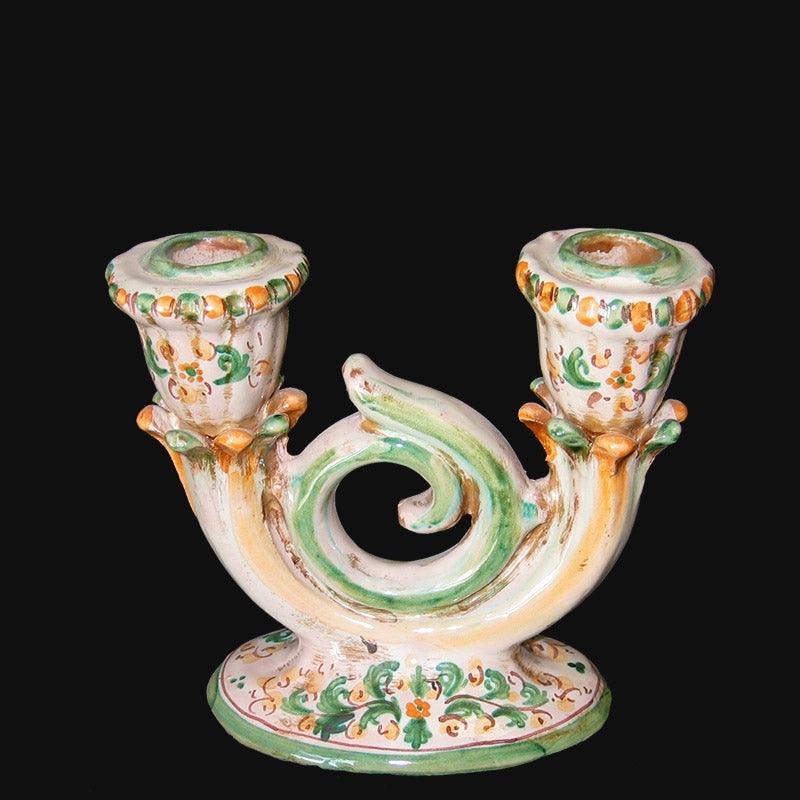 Candeliere 2 fuochi 14x14 s. d'arte verde/arancio - Ceramiche di Caltagirone Sofia