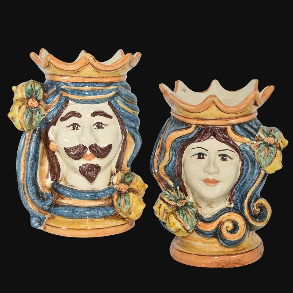 Coppia di Teste di moro h 15 in Blu e Arancio maschio bianco - Ceramiche di Caltagirone Sofia